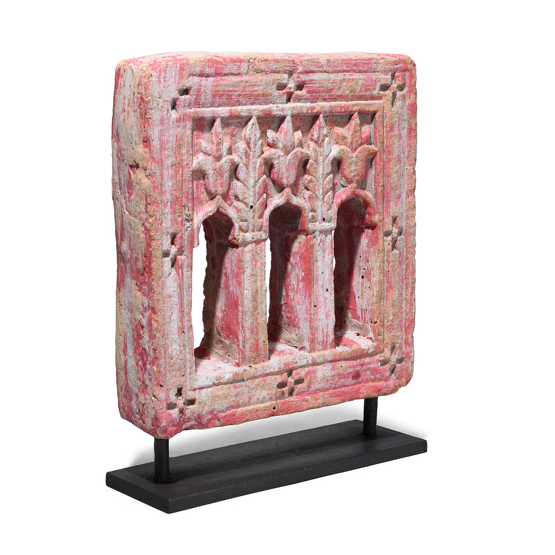 Angled VIew Of Option 3  Antique Hand-Carved Yellow Stone Lamp Niches From Jaisalmer, Mounted On Iron Stands