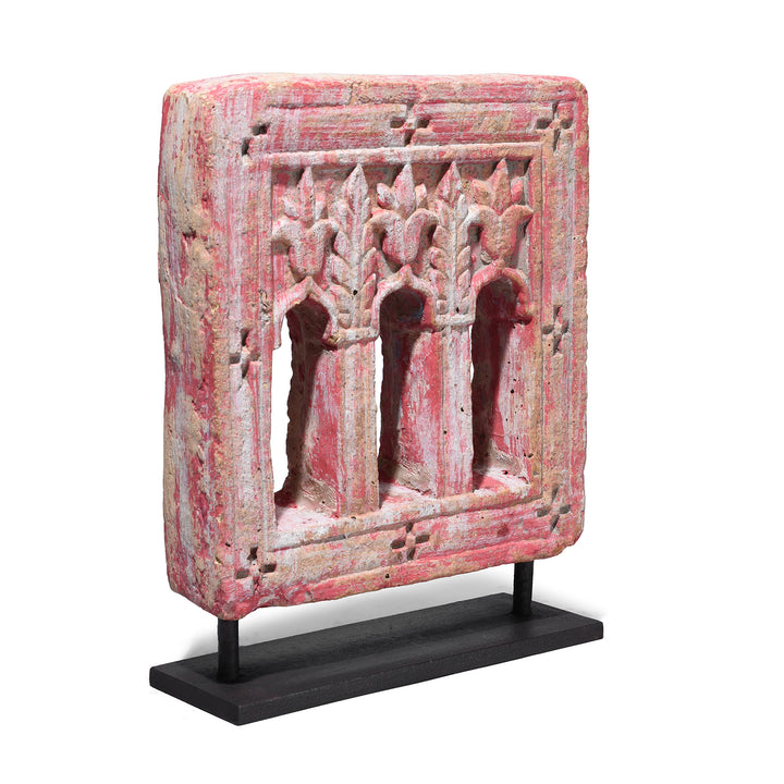 Angled VIew Of Option 3  Antique Hand-Carved Yellow Stone Lamp Niches From Jaisalmer, Mounted On Iron Stands