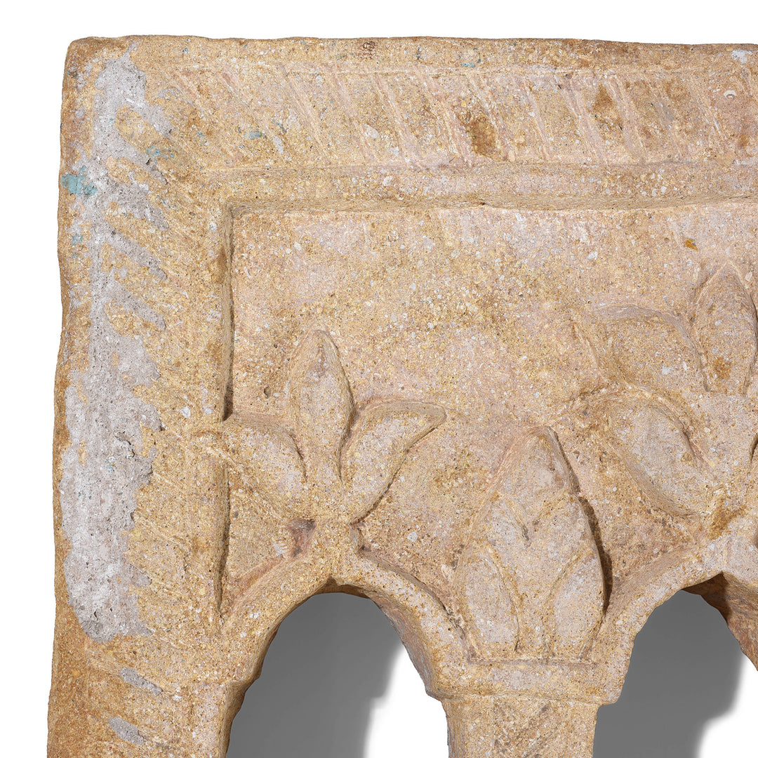 Corner Detial From 3 Way 19th Century Jaisalmer Sandstone Lamp Niche With Triple Arched Openings And Warm Golden Stone