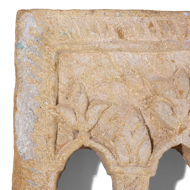 Corner Detial From 3 Way 19th Century Jaisalmer Sandstone Lamp Niche With Triple Arched Openings And Warm Golden Stone