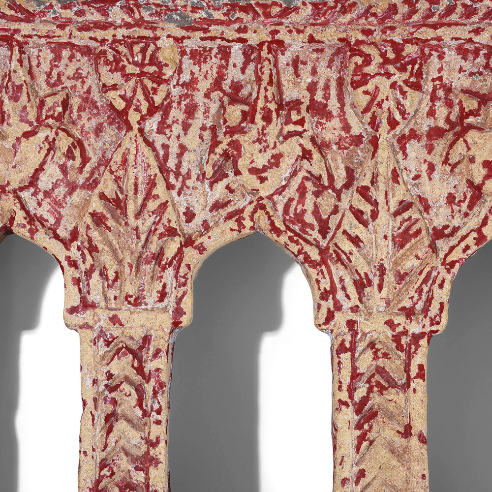 Carving Detail From 3 Way Red Painted 19th Century Jaisalmer Sandstone Lamp Niche With Triple Arched Openings And Carved Detailing | Indigo Antiques