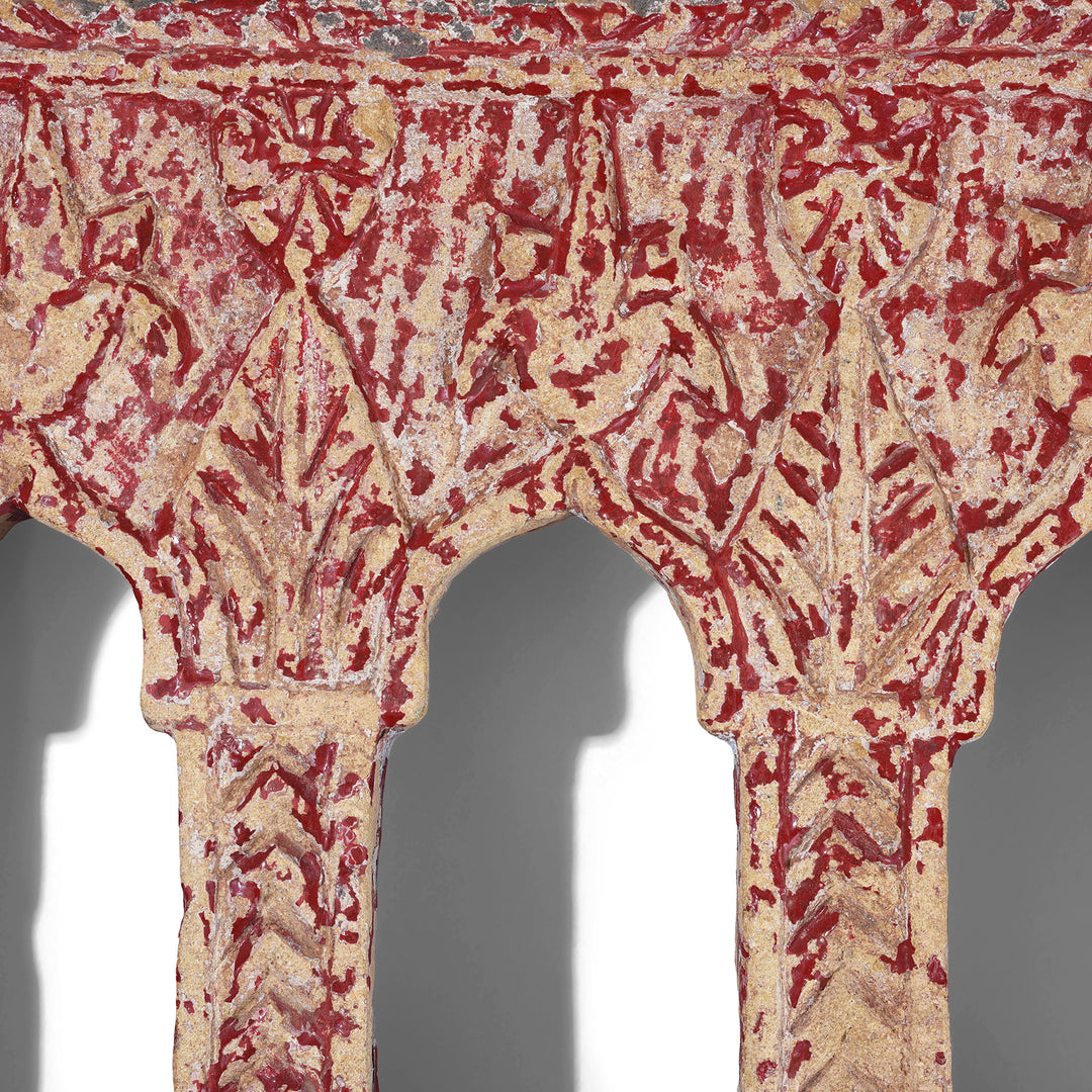 Carving Detail From 3 Way Red Painted 19th Century Jaisalmer Sandstone Lamp Niche With Triple Arched Openings And Carved Detailing | Indigo Antiques