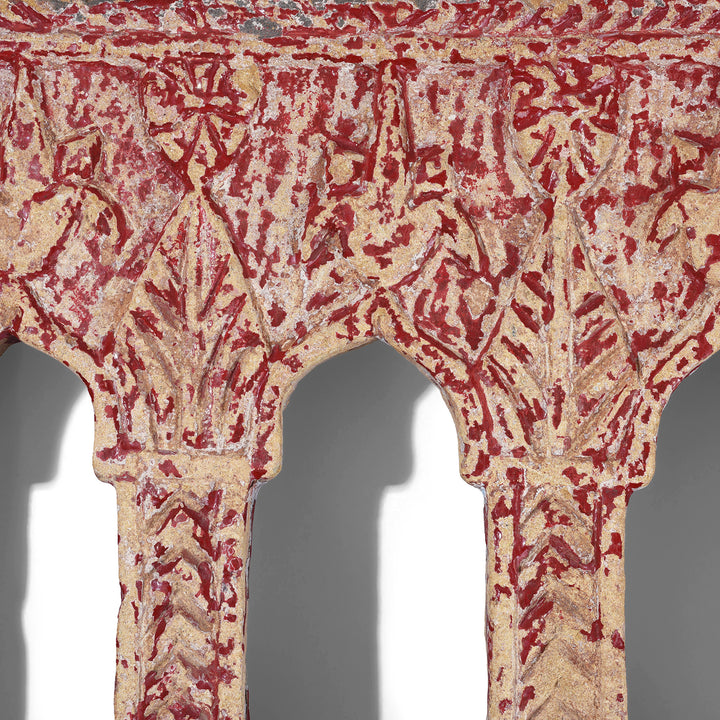 Carving Detail From 3 Way Red Painted 19th Century Jaisalmer Sandstone Lamp Niche With Triple Arched Openings And Carved Detailing | Indigo Antiques