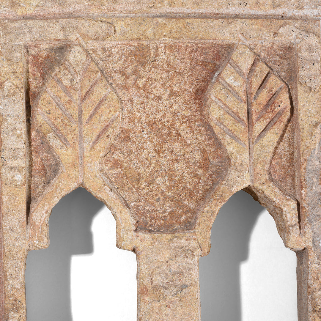 Carving Detaiul From Antique Hand Carved Jaisalmer Yellow Stone Twin Arch Lamp Niche From Rajasthan 19th Century