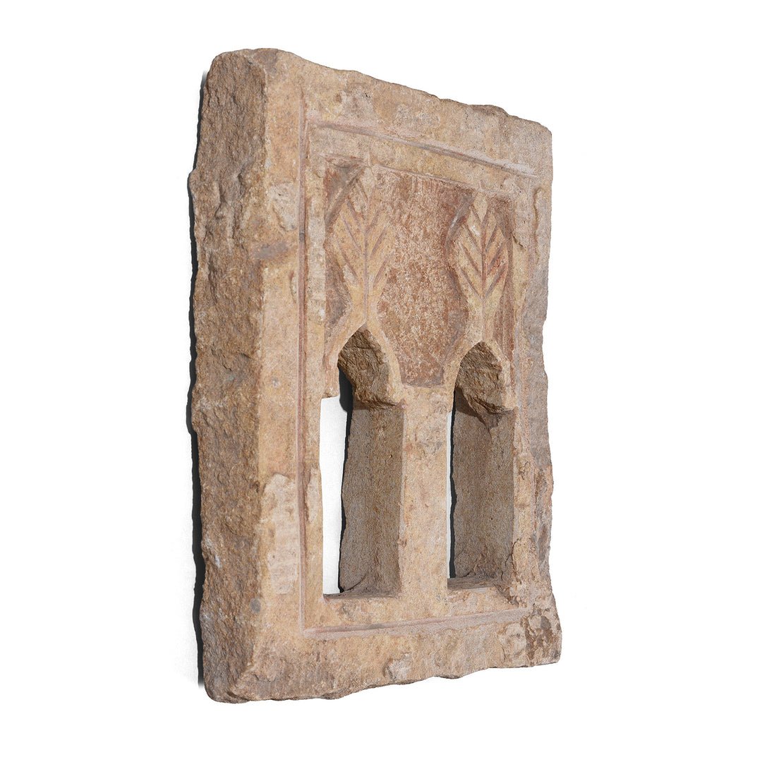 Angled View Of Antique Hand Carved Jaisalmer Yellow Stone Twin Arch Lamp Niche From Rajasthan 19th Century