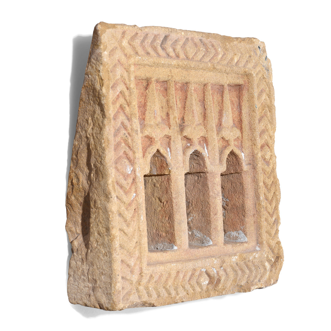 Angled View Of 19th Century Hand Carved Jaisalmer Sandstone Three Way Lamp Niche With Arched Openings From Rajasthan