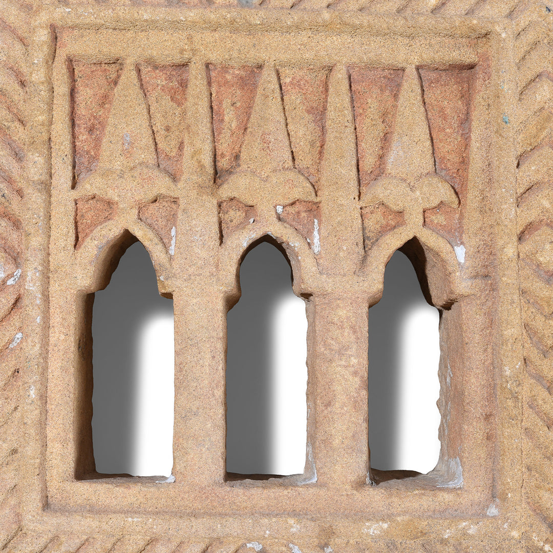 Detail From 19th Century Hand Carved Jaisalmer Sandstone Three Way Lamp Niche With Arched Openings From Rajasthan