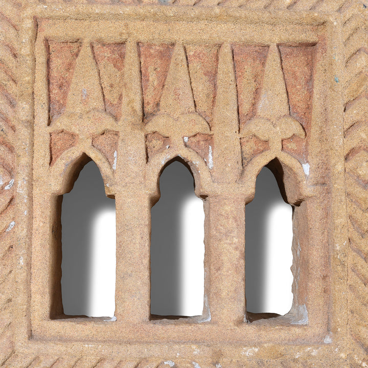 Detail From 19th Century Hand Carved Jaisalmer Sandstone Three Way Lamp Niche With Arched Openings From Rajasthan