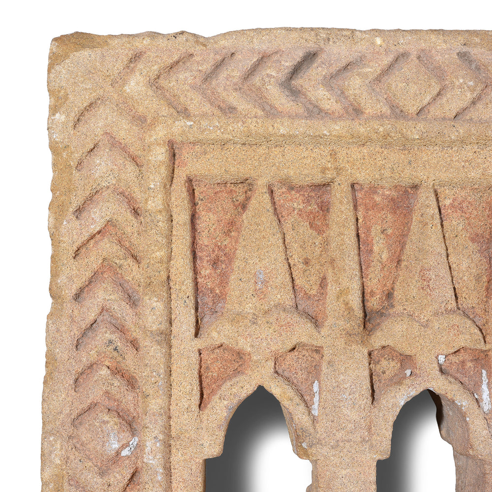 Corner Detail From 19th Century Hand Carved Jaisalmer Sandstone Three Way Lamp Niche With Arched Openings From Rajasthan