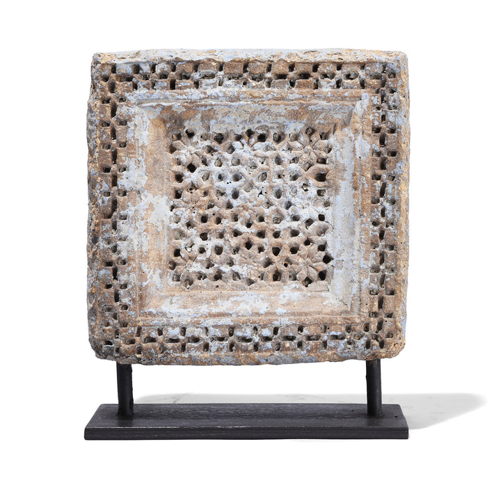 Option 1 Antique Yellow Stone Panels From Jaisalmer With Intricate Mughal-Style Carvings, Mounted On Iron Stands