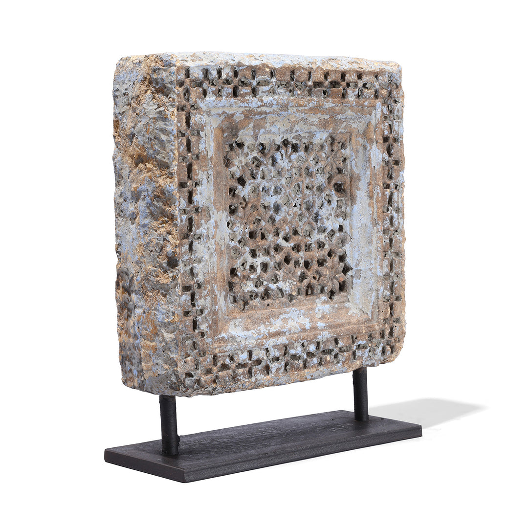 Angled VIew Of Option 1 Antique Yellow Stone Panels From Jaisalmer With Intricate Mughal-Style Carvings, Mounted On Iron Stands