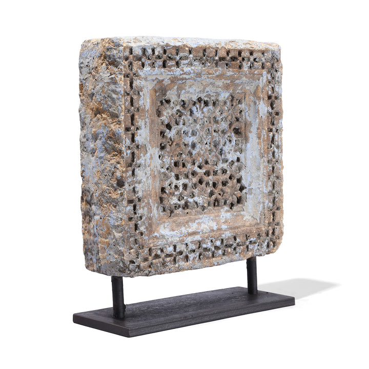 Angled VIew Of Option 1 Antique Yellow Stone Panels From Jaisalmer With Intricate Mughal-Style Carvings, Mounted On Iron Stands