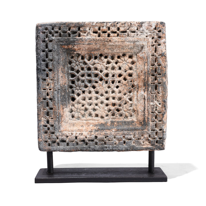 Option 2 Antique Yellow Stone Panels From Jaisalmer With Intricate Mughal-Style Carvings, Mounted On Iron Stands