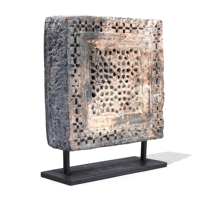 Angled VIew Of Option 2 Antique Yellow Stone Panels From Jaisalmer With Intricate Mughal-Style Carvings, Mounted On Iron Stands