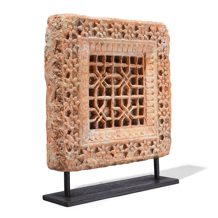 Angled View Of Option 3 Antique Yellow Stone Panels From Jaisalmer With Intricate Mughal-Style Carvings, Mounted On Iron Stands