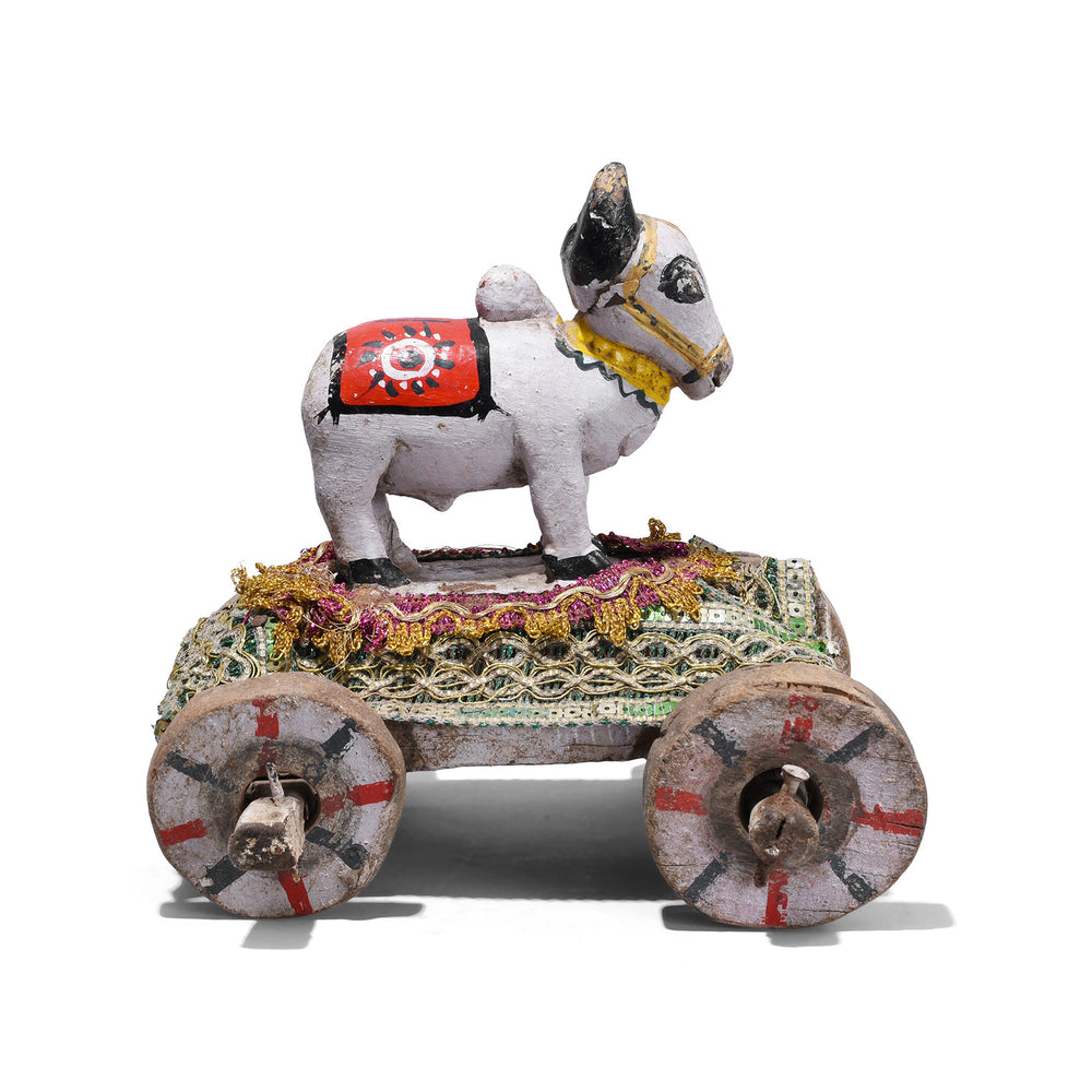 Antique Indian Carved Teak Nandi Bull Toy On Wooden Wheeled Cart From Rajasthan