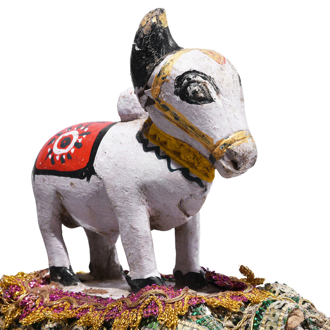 Detail From Antique Indian Carved Teak Nandi Bull Toy On Wooden Wheeled Cart From Rajasthan