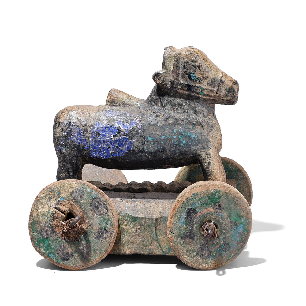 Antique Hand Carved Teak Nandi Bull Toy On Wooden Wheels From Rajasthan Early 20th Century | Indigo Antiques
