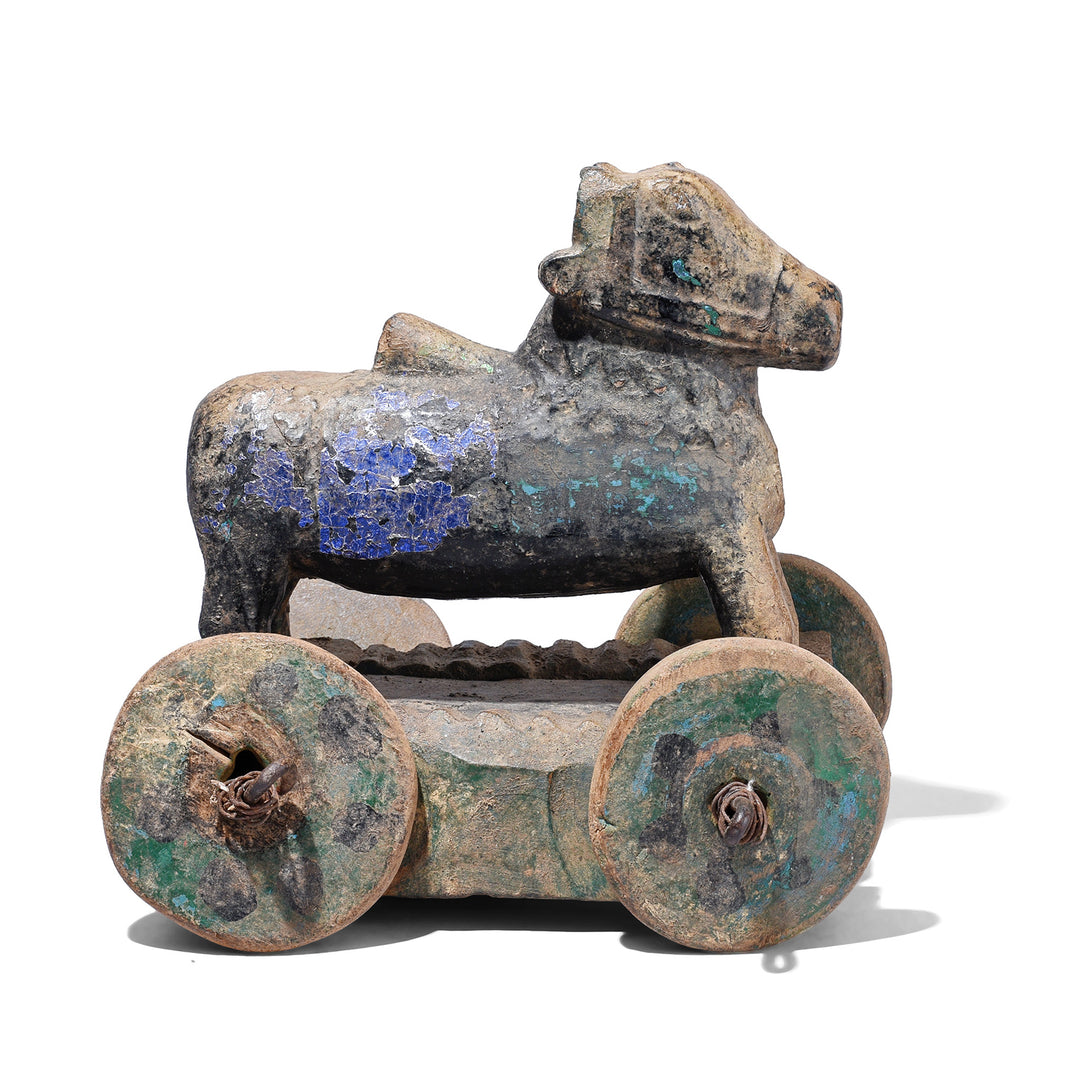 Antique Hand Carved Teak Nandi Bull Toy On Wooden Wheels From Rajasthan Early 20th Century | Indigo Antiques