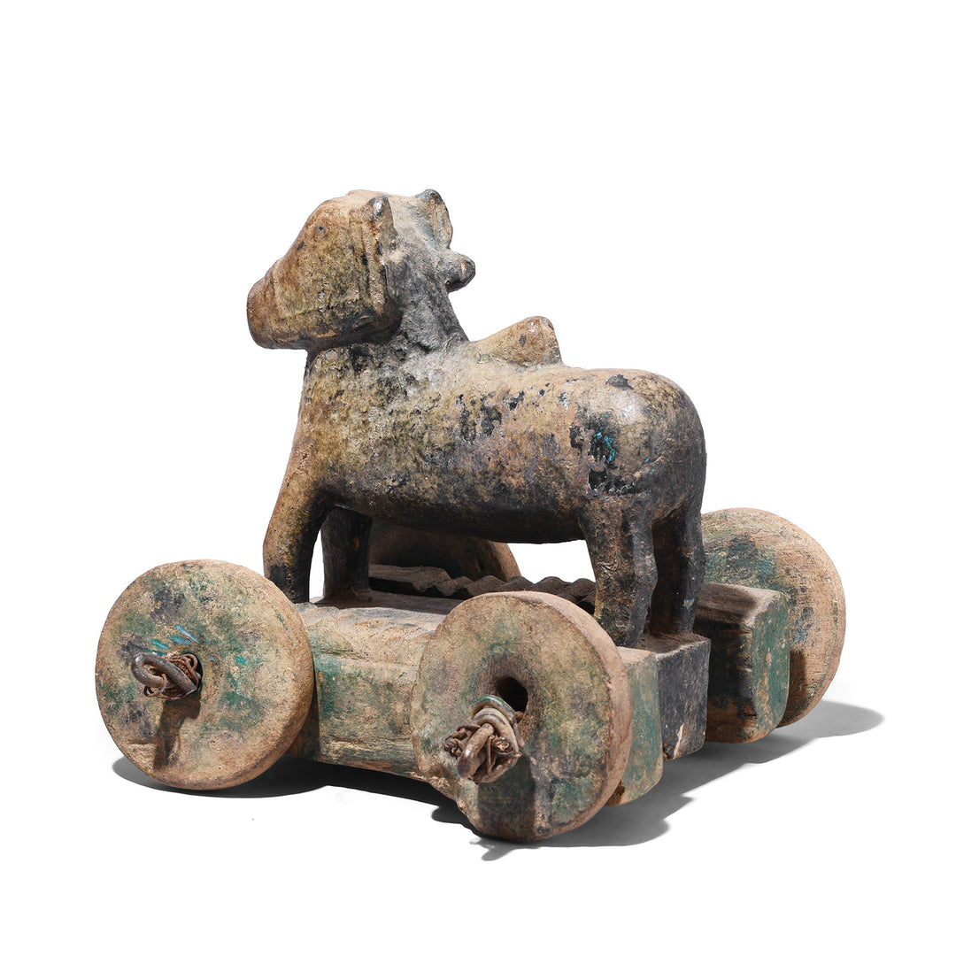 Rear View Of Antique Hand Carved Teak Nandi Bull Toy On Wooden Wheels From Rajasthan Early 20th Century | Indigo Antiques