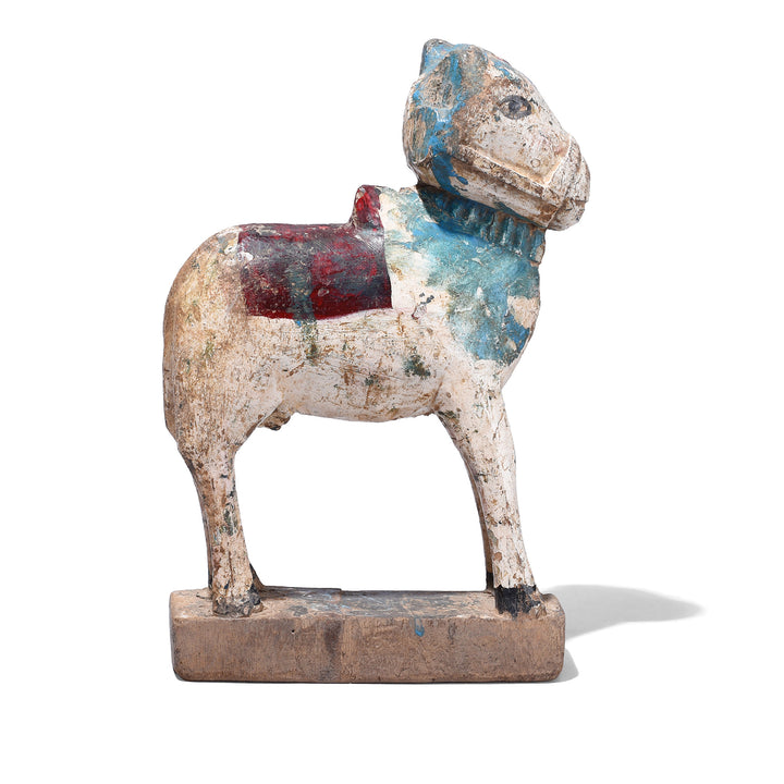 Antique Hand Carved Teak Nandi Bull Figure With Original Painted Decoration From Rajasthan Early 20th Century