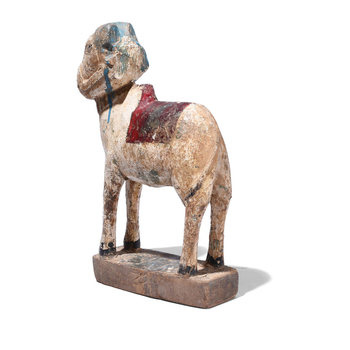 Rear View Of Antique Hand Carved Teak Nandi Bull Figure With Original Painted Decoration From Rajasthan Early 20th Century