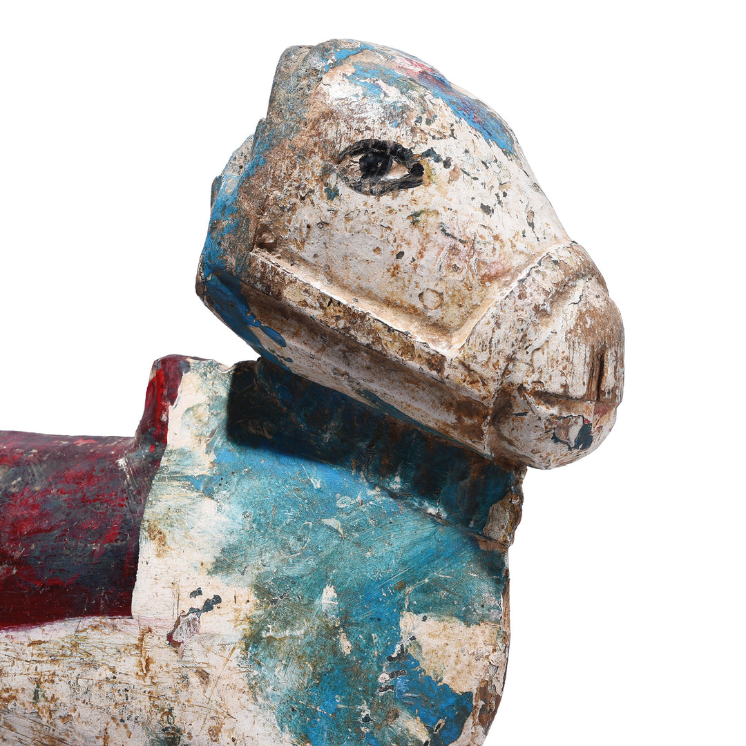 Face Detail From Antique Hand Carved Teak Nandi Bull Figure With Original Painted Decoration From Rajasthan Early 20th Century