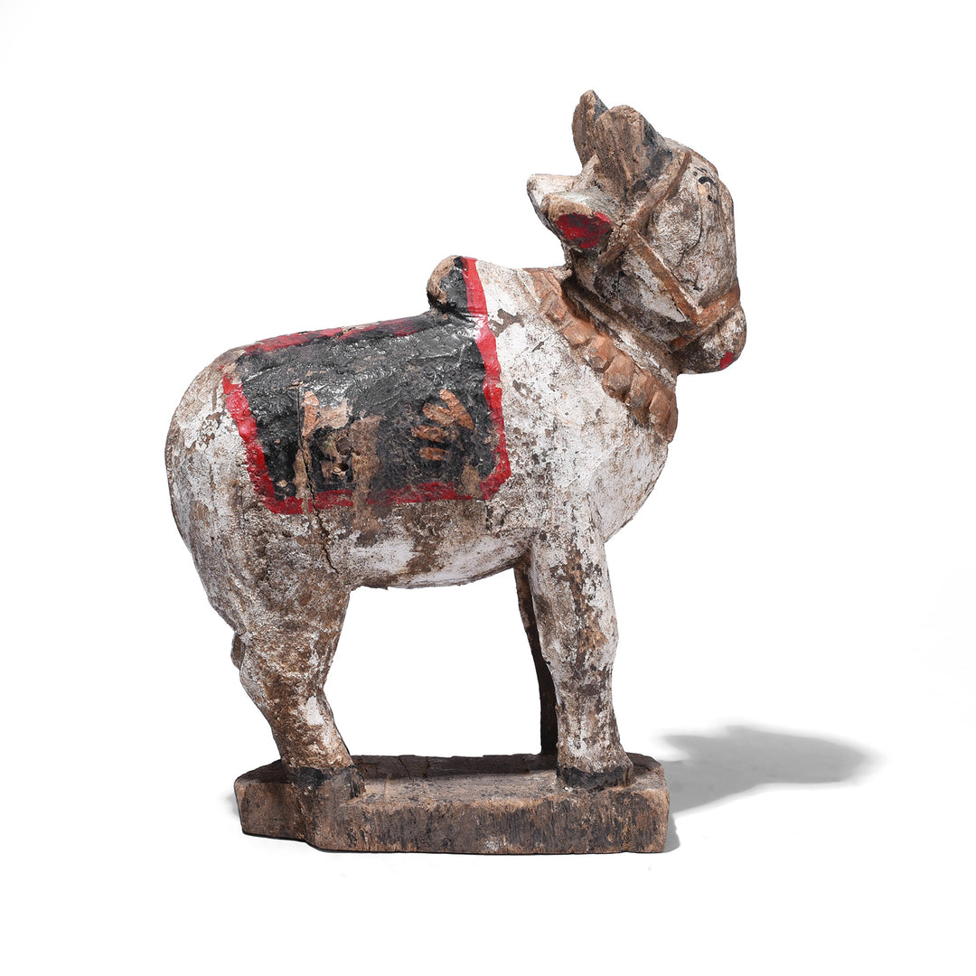 Antique Hand Carved Teak Nandi Bull Figure With White Black And Red Painted Decoration On Base From Rajasthan Early 20th Century