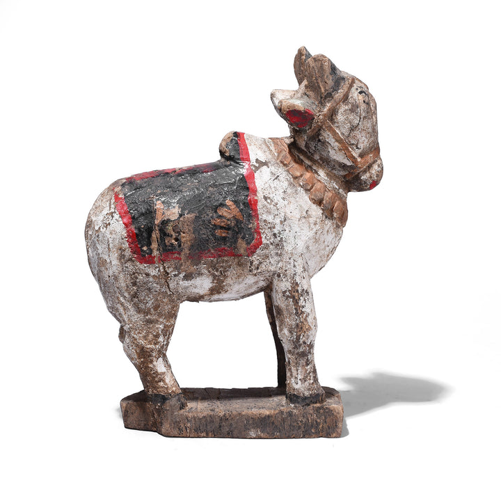 Antique Hand Carved Teak Nandi Bull Figure With White Black And Red Painted Decoration On Base From Rajasthan Early 20th Century