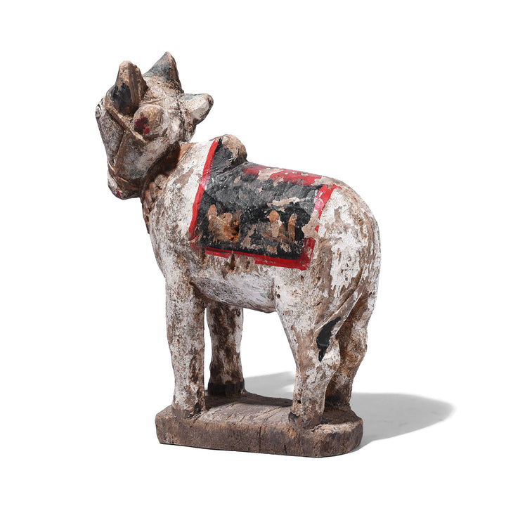 Rear View Of Antique Hand Carved Teak Nandi Bull Figure With White Black And Red Painted Decoration On Base From Rajasthan Early 20th Century