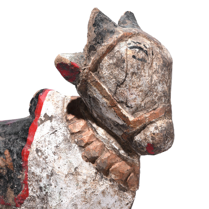 Face Detail From Antique Hand Carved Teak Nandi Bull Figure With White Black And Red Painted Decoration On Base From Rajasthan Early 20th Century