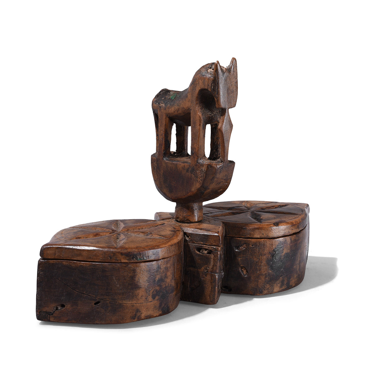 Antique Banswara Tribal Teak Wood Tika Box With Carved Lotus Motifs And Stylised Horse Finial