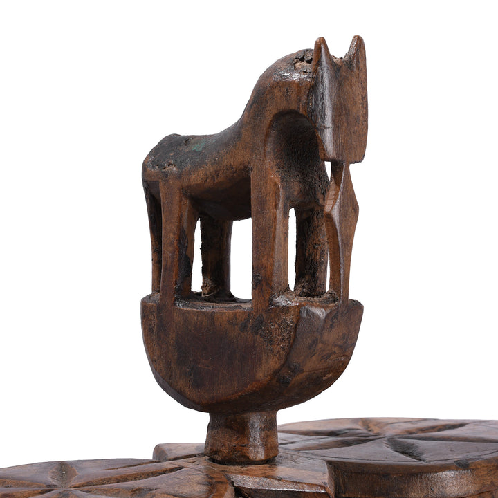Horse Detail From Antique Banswara Tribal Teak Wood Tika Box With Carved Lotus Motifs And Stylised Horse Finial