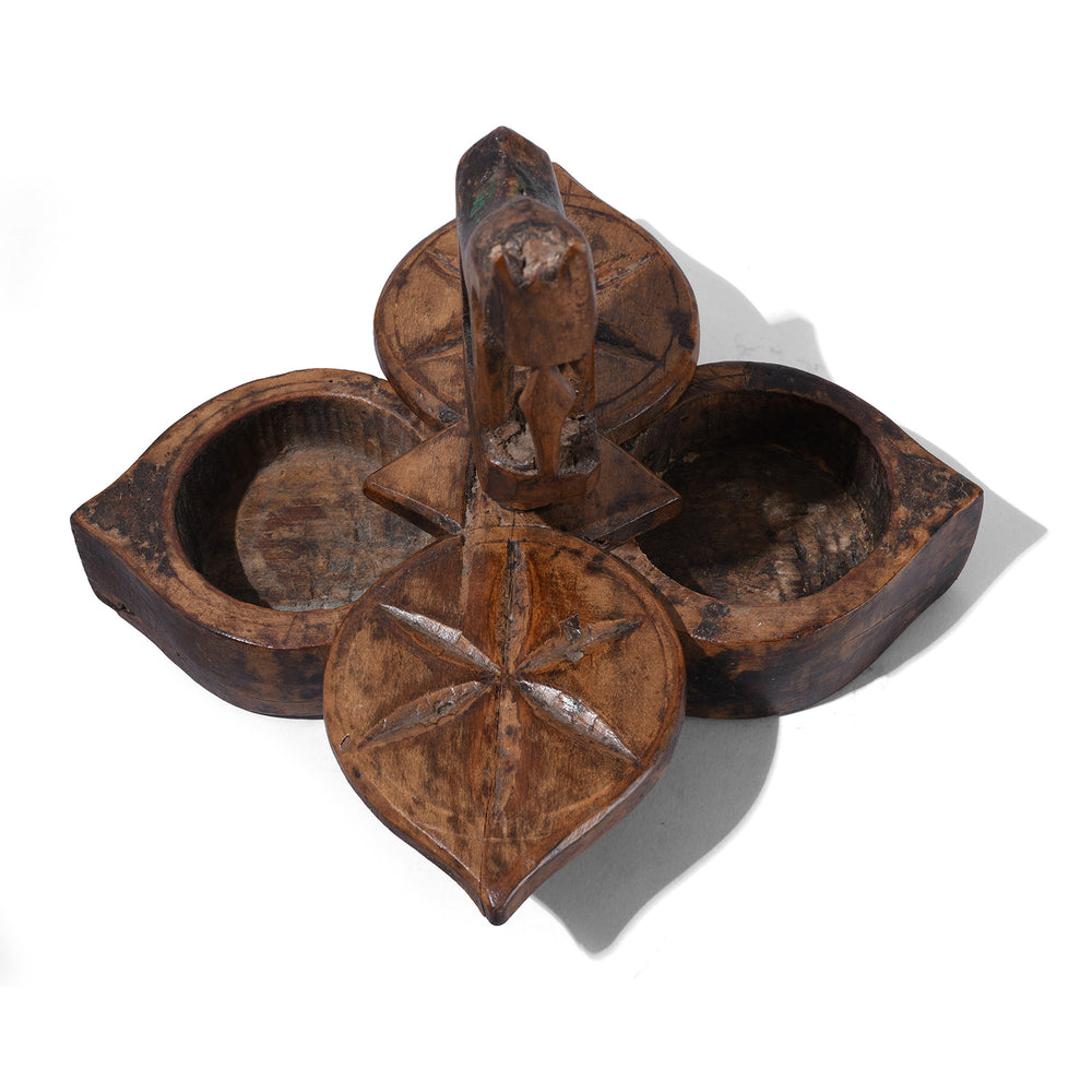Top Down View Of Antique Banswara Tribal Teak Wood Tika Box With Carved Lotus Motifs And Stylised Horse Finial