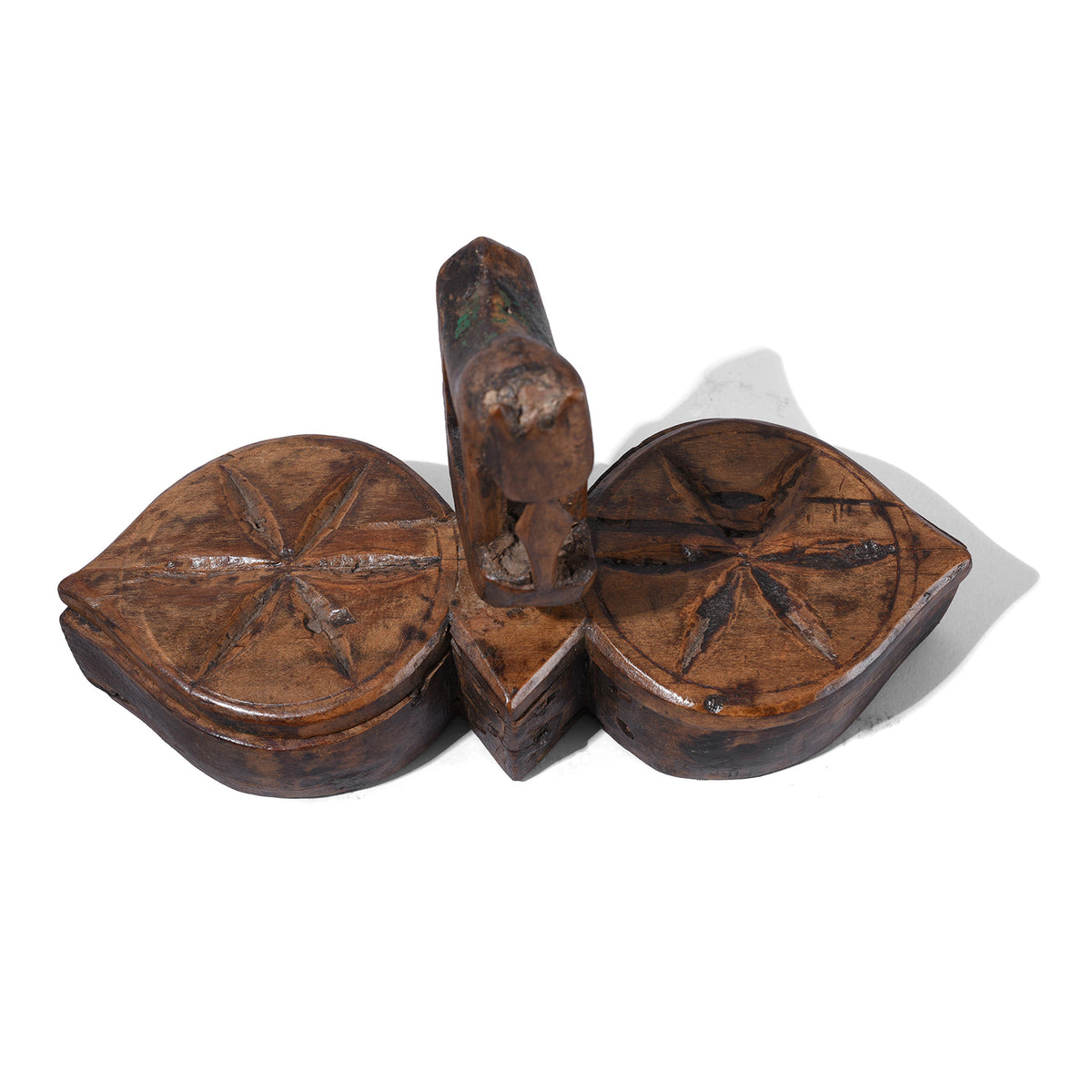 Top Down View Of Antique Banswara Tribal Teak Wood Tika Box With Carved Lotus Motifs And Stylised Horse Finial