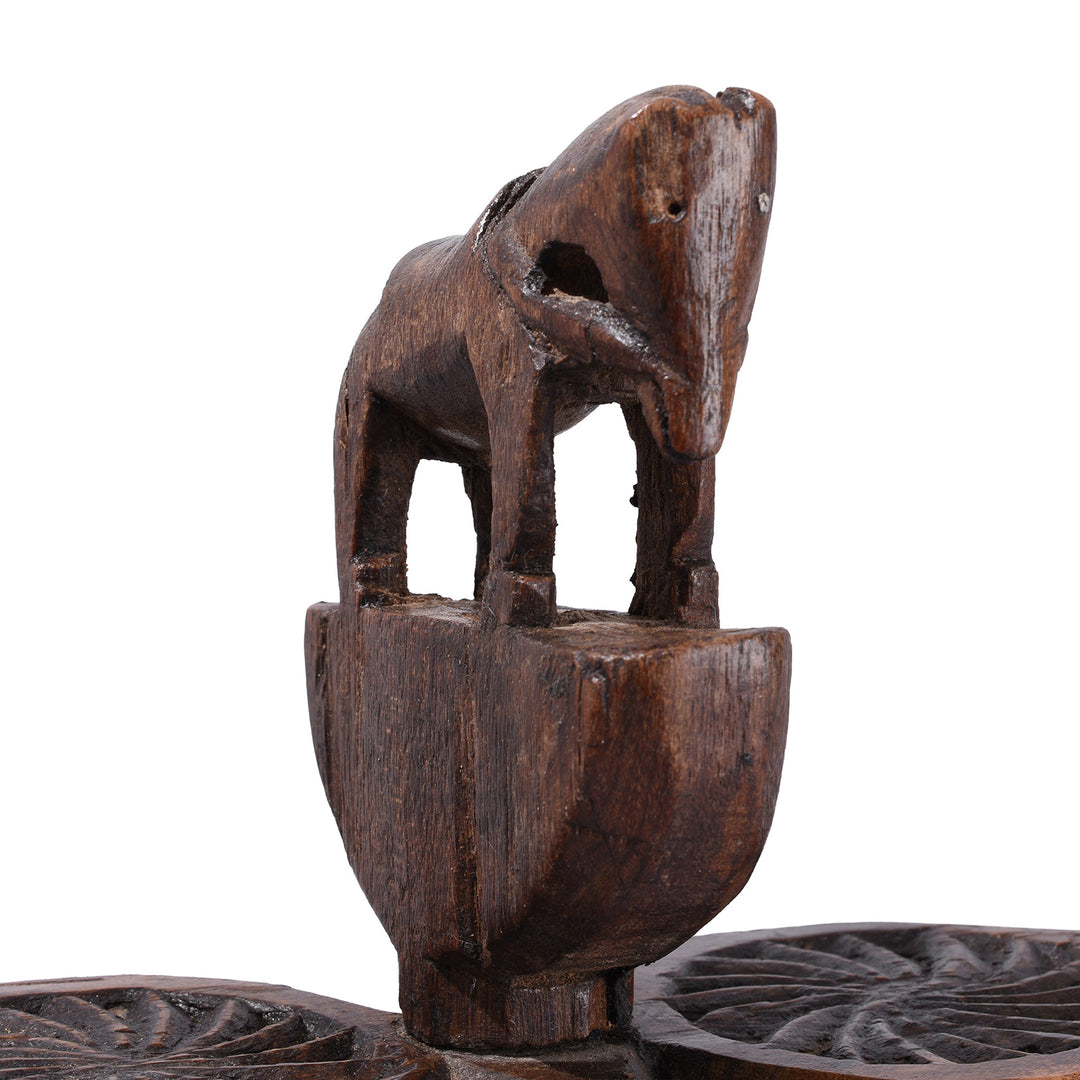 Horse Detail From Antique Banswara Tribal Teak Wood Tika Box With Carved Lotus Motifs And Stylised Horse Finial