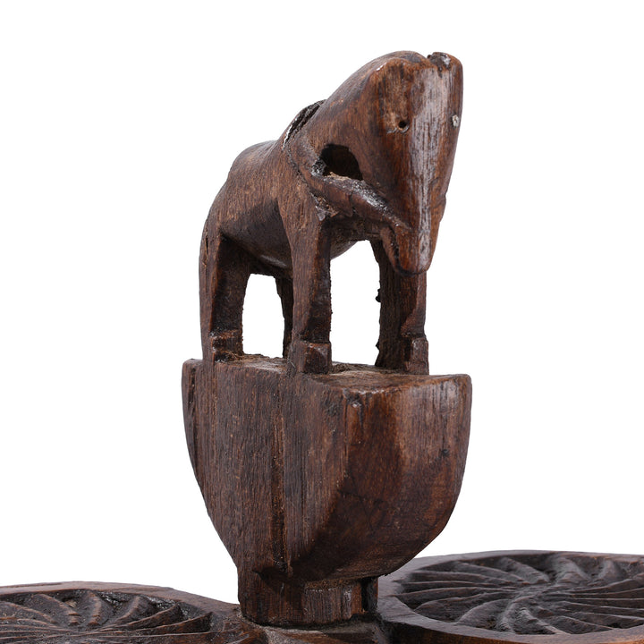 Horse Detail From Antique Banswara Tribal Teak Wood Tika Box With Carved Lotus Motifs And Stylised Horse Finial
