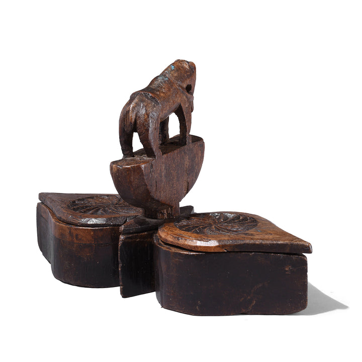 Antique Banswara Tribal Teak Wood Tika Box With Carved Lotus Motifs And Stylised Horse Finial