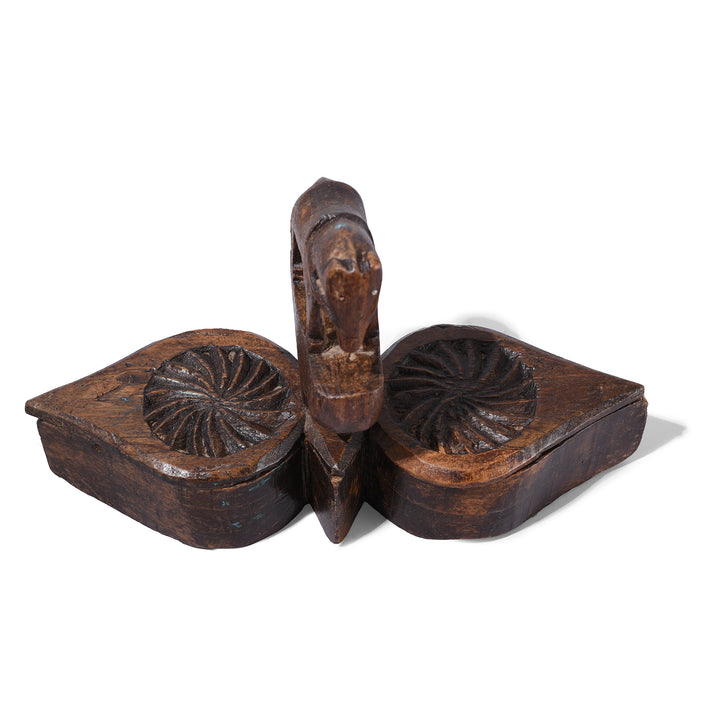 Top Down View Of Antique Banswara Tribal Teak Wood Tika Box With Carved Lotus Motifs And Stylised Horse Finial