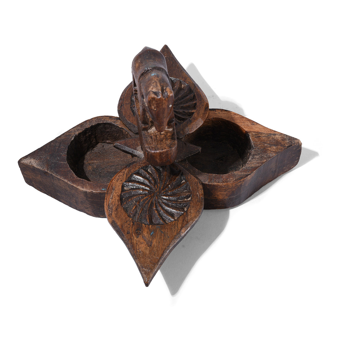 Top Down View Of Antique Banswara Tribal Teak Wood Tika Box With Carved Lotus Motifs And Stylised Horse Finial