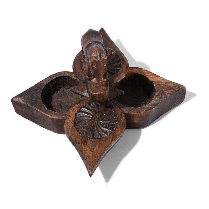 Top Down View Of Antique Banswara Tribal Teak Wood Tika Box With Carved Lotus Motifs And Stylised Horse Finial