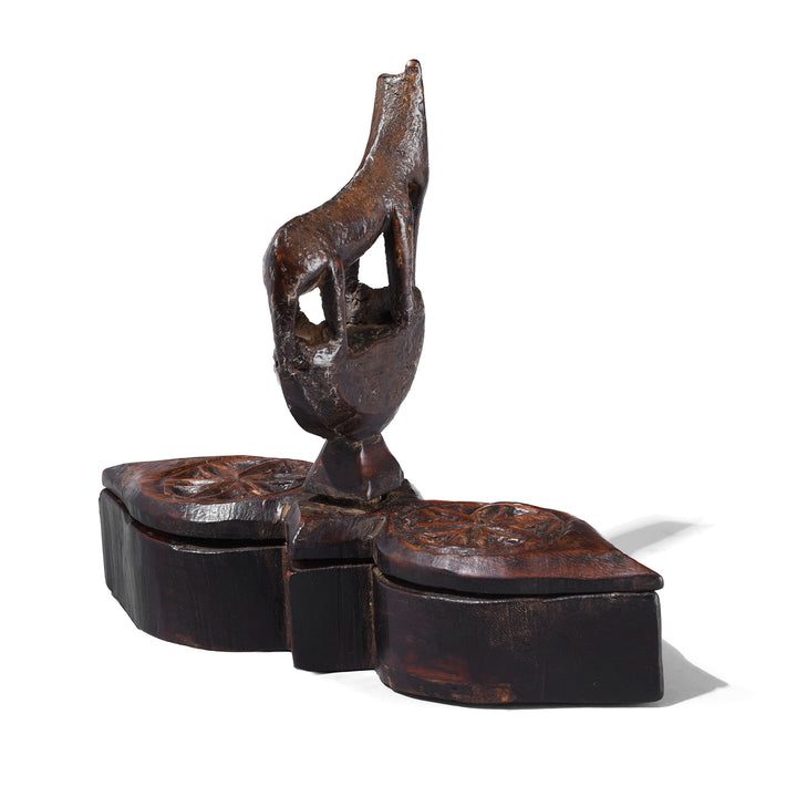 Back Of Antique Hand Carved Wooden Spice Box From Rajasthan With Horse Finial And Two Compartments