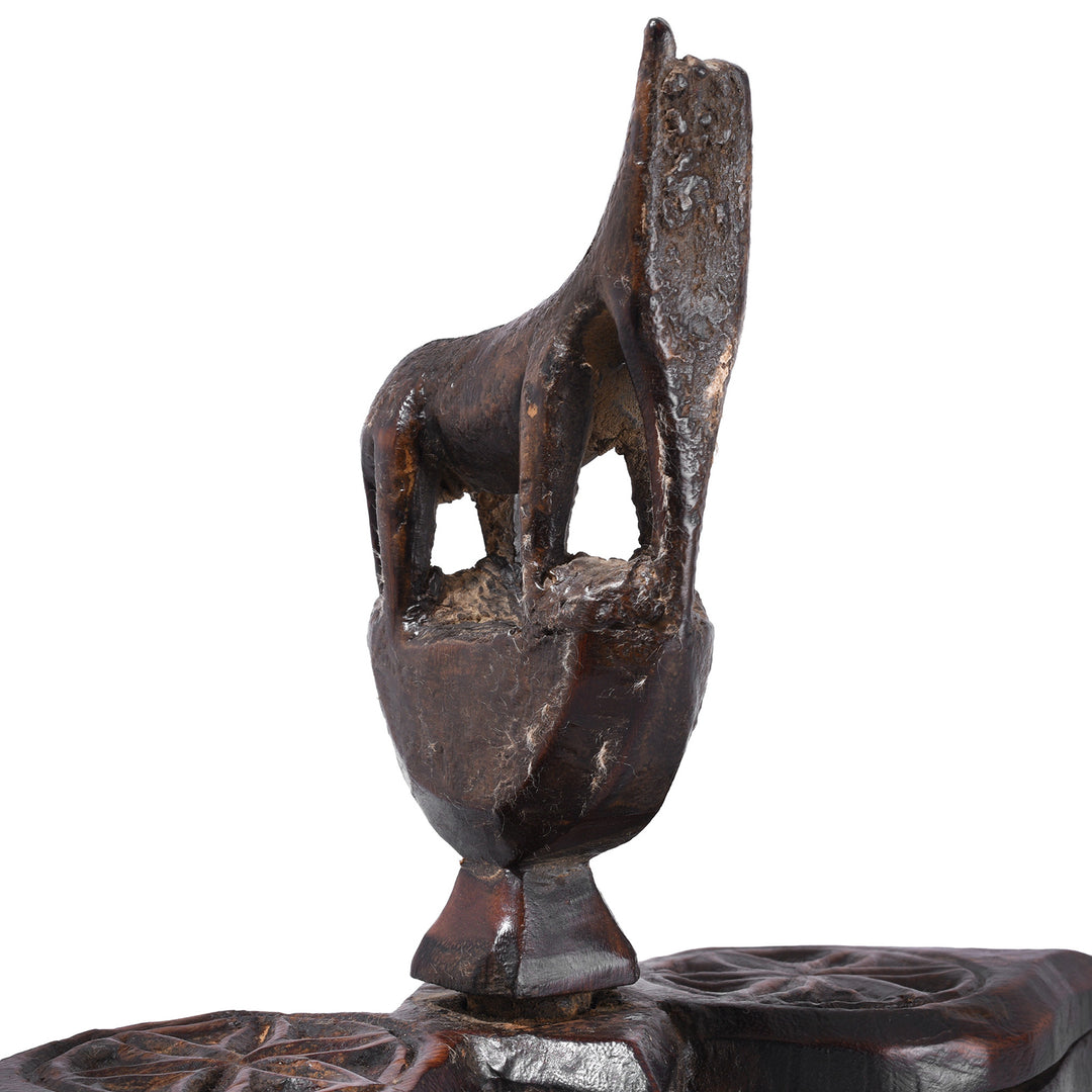 Horse Detail From Antique Hand Carved Wooden Spice Box From Rajasthan With Horse Finial And Two Compartments