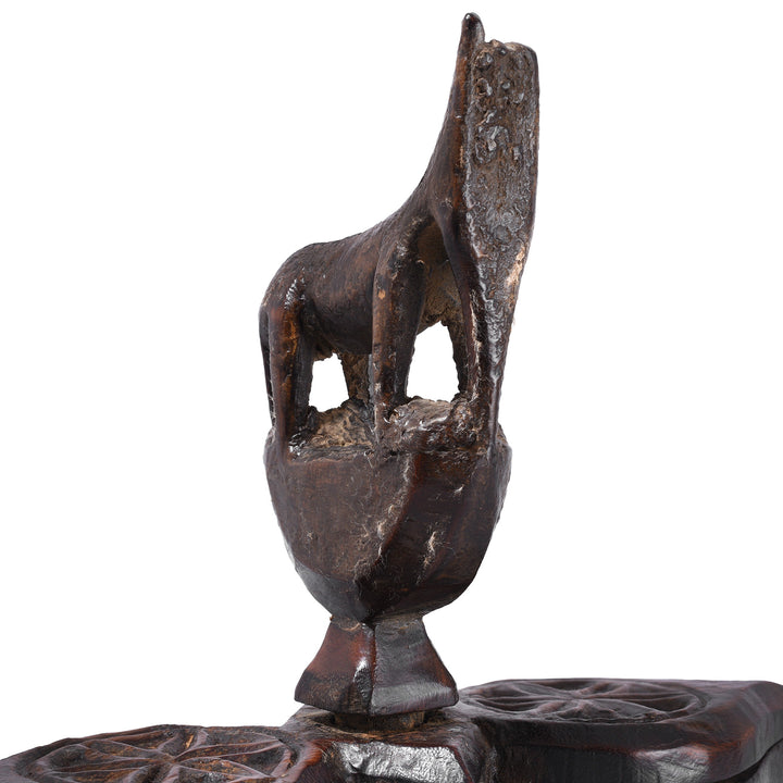Horse Detail From Antique Hand Carved Wooden Spice Box From Rajasthan With Horse Finial And Two Compartments
