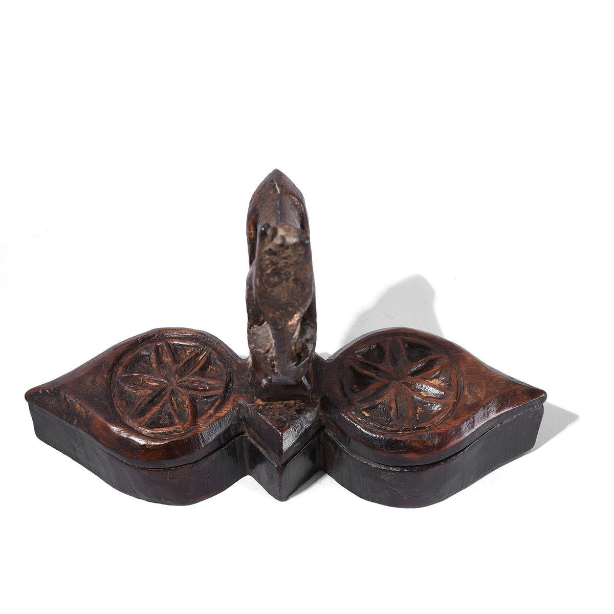 Top Down View Of Antique Hand Carved Wooden Spice Box From Rajasthan With Horse Finial And Two Compartments