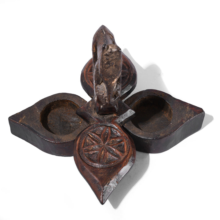 Open View Of Antique Hand Carved Wooden Spice Box From Rajasthan With Horse Finial And Two Compartments
