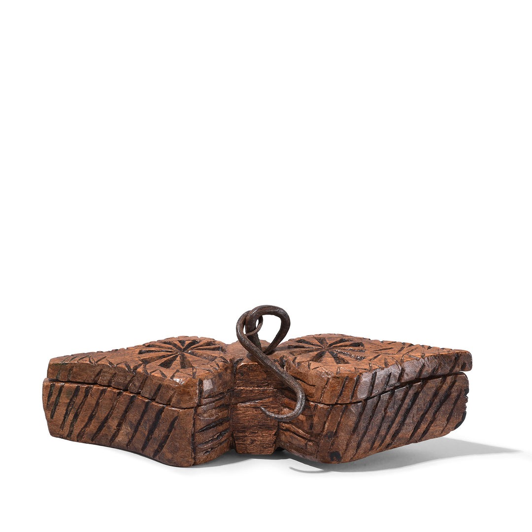Other SIde Of Carved Teak Hanging Tika Box With Lotus Motifs And Tribal Geometric Design