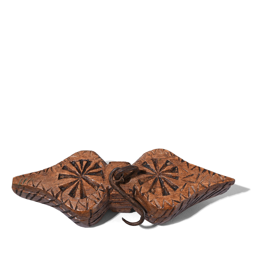 Top Down Closed View Of Carved Teak Hanging Tika Box With Lotus Motifs And Tribal Geometric Design