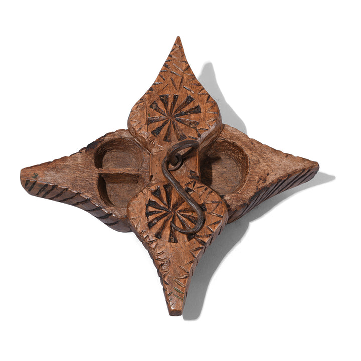 Open View Of Carved Teak Hanging Tika Box With Lotus Motifs And Tribal Geometric Design