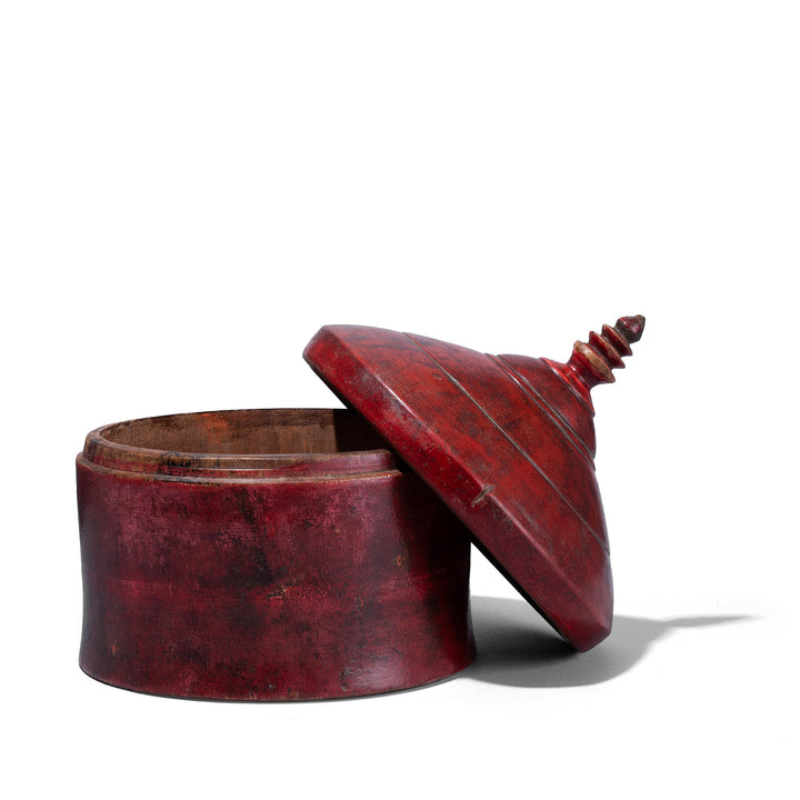 Indian Red Lacquer Pot From Uttar Pradesh With Finial Lid And Aged Patina